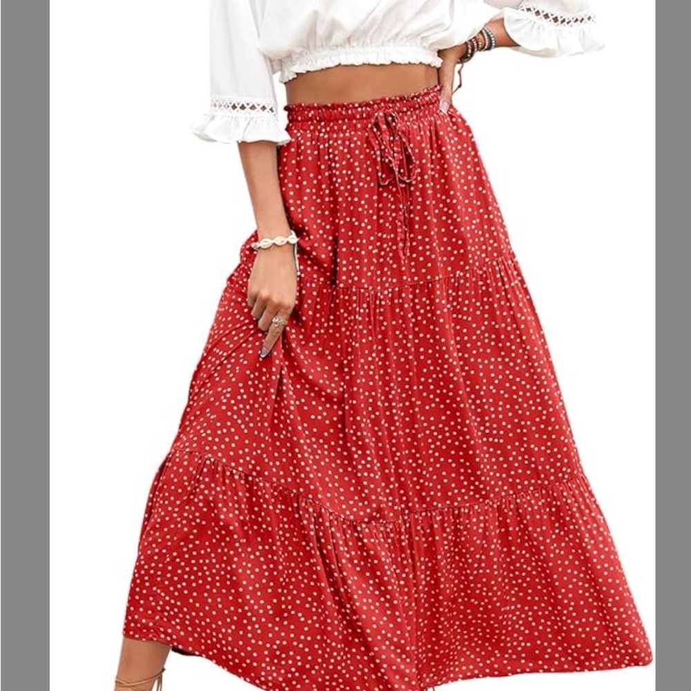 NWOT Women's Red Polka Dot Tiered Maxi Skirt - Drawstring Waist